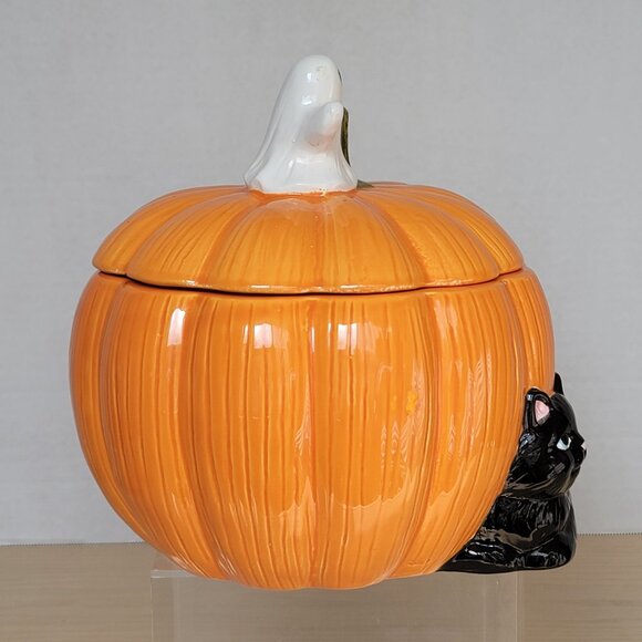 Halloween 3D Ceramic Pumpkin Black Cat Ghost Candy Cookie Canister Jar With Lid - Picture 4 of 16